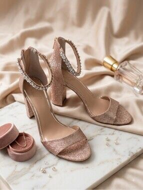 Jewel Badgley Mischka Rose Gold Glitter Crystal Block Heel Sandals